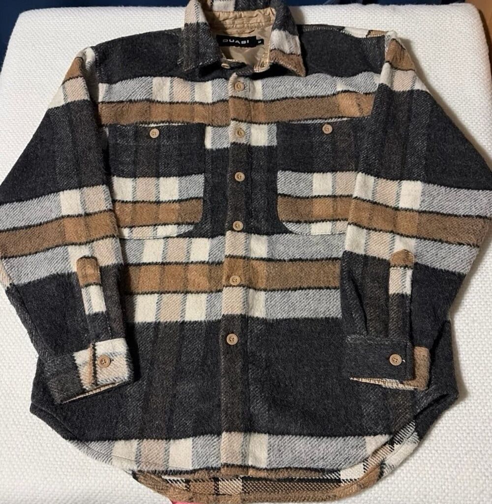 Quasi Plaid Wool Blend Shacket Jacket Tan Gray Cream Size Medium